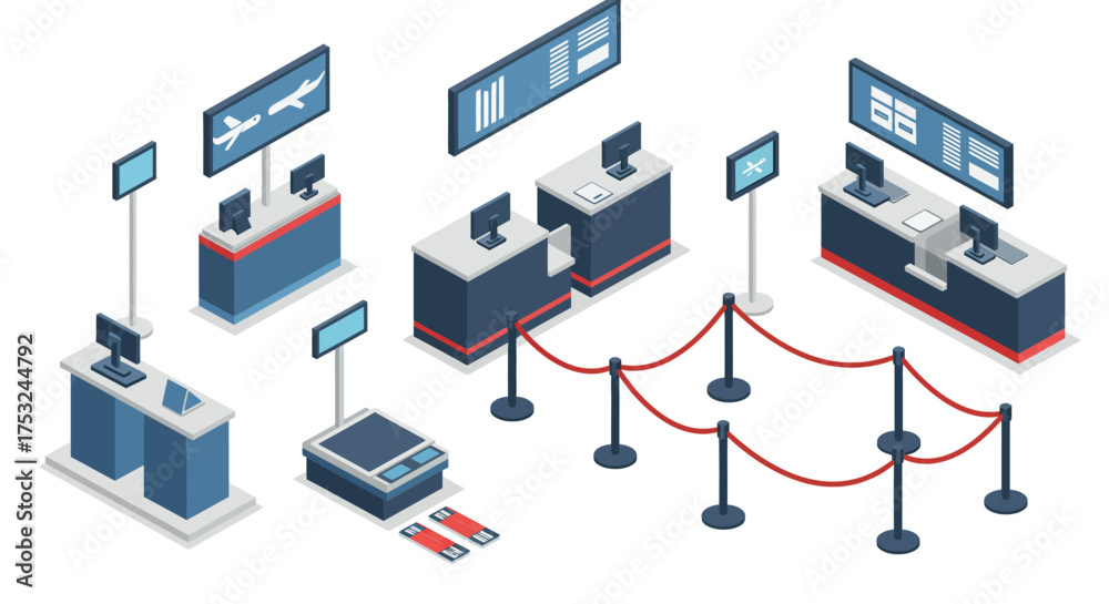 Isometric airport check-in counters and security area design Stock ...