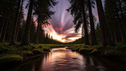 Wall Mural - Dynamic clouds sweep across a vibrant forest creek at sunset, captured in a stunning timelapse ethereal, peaceful, tranquil