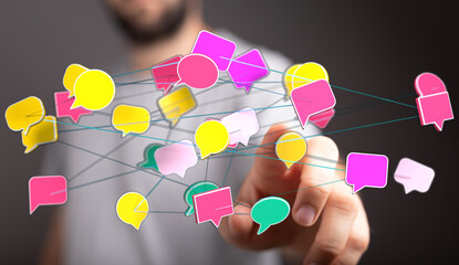 Man interacting with network of colorful message bubbles, illustrating communication, data, social media, and digital connections. Representing