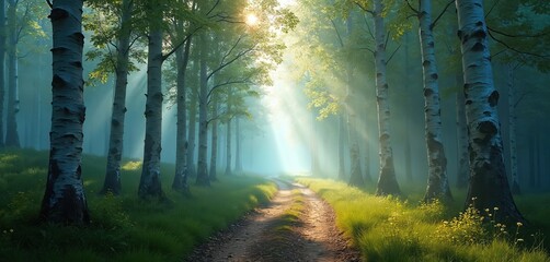 Wall Mural - Sunlight streams through forest of birch trees. Forest path leads through the tranquil scene. Morning light creates mystical serene atmosphere. Nature invites peace calmness.