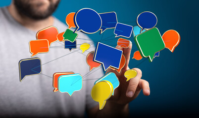 a man interacts with 3d chat bubbles, symbolizing digital connection, messaging and social media int