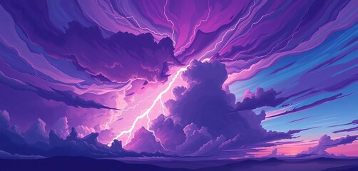 Wall Mural - Abstract anime-style backdrop; colossal lightning bolt electrifies stormy, swirling purple and blue sky,  bolt,  dark
