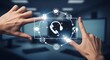 © Creative mind - Customer Support and Communication Concept. The image shows two hands framing a digital interface with customer service icons in the background.