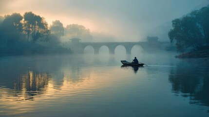 Wall Mural - early morning river, enveloped in thin mist, soft blue dawn sky, gentle sunlight piercing through fog with golden rays, tranquil waters reflecting light, slow-moving small traditional boat
