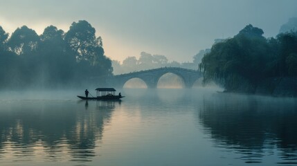 Wall Mural - early morning river, enveloped in thin mist, soft blue dawn sky, gentle sunlight piercing through fog with golden rays, tranquil waters reflecting light, slow-moving small traditional boat
