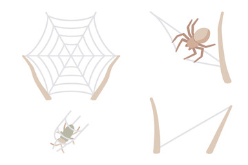 Isometric Spider Web Design. Isometric vector illustration set spider web silk trap: symmetrical circular web, spider weaving new