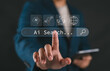 © Nirusmee - AI Search Engine Technology Concept. Businessman interacts with AI Search, representing artificial intelligence, chatbot, data cloud, global connectivity, and future search engine innovation.