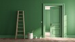 © NurulDifa - Interior view of a room being painted green. A door is ajar, and a ladder is present