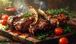 © allea - Sizzling grilled meat, tomato and herbs, on a wooden serving board
