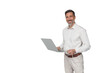 © PeopleVideos - Smiling man telecommuting, standing while holding laptop, digital technology expertise, transparent background