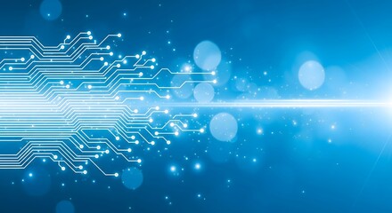 Abstract blue technology background with a circuit board pattern and glowing bokeh lights. A concept of digital data, communication, and connectivity.