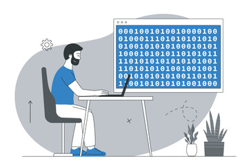 Man coding binary data on laptop screen. Vector illustration