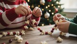 Children making holiday popcorn garland near christmas tree.