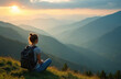 © miss irine - Sporty woman with backpack sits on mountaintop enjoys mountain range at sunset. Girl relax in grass looking at landscape. Female hiker meditating on mountain peak. Vacation travel for active