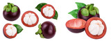 ripe mangosteen with leaves isolated on white background. Top view. Flat lay