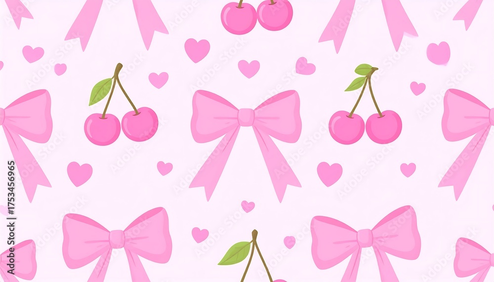 A seamless pattern composed of repeating pink bows, cherries, and small ...