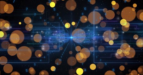 Wall Mural - Central blue light node glowing in network view, with orange bokeh, digits and neon-blue circuits