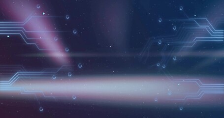 Wall Mural - Showing neon blue circuitry lines linking nodes in virtual space, with particles and purple flares