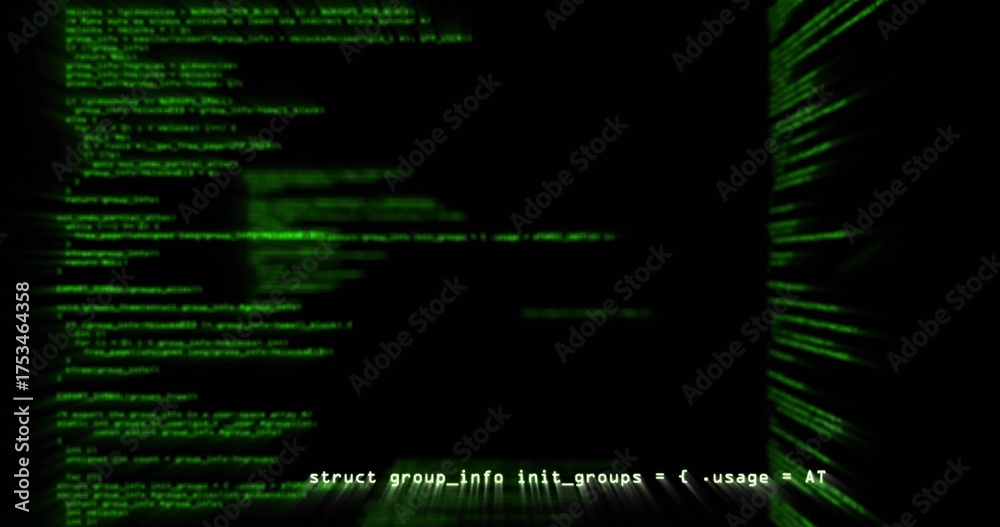Displaying lines of green monospaced C code scrolling across terminal ...