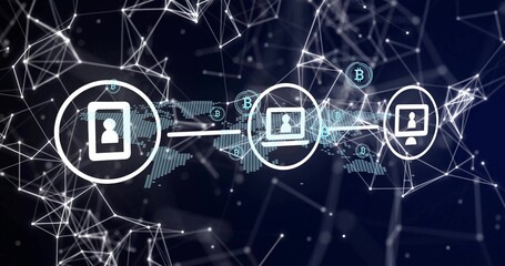 Wall Mural - Displaying three device icons linking user profiles on blue world map mesh, showing Bitcoin symbols