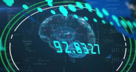 Wall Mural - Showing neon-blue wireframe brain hologram on virtual dashboard with numeric overlay 92