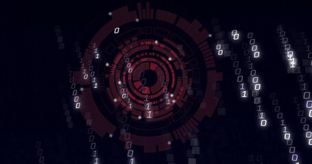 Wall Mural - Displaying central red HUD-like interface at digital overlay, with binary digits, squares and nodes