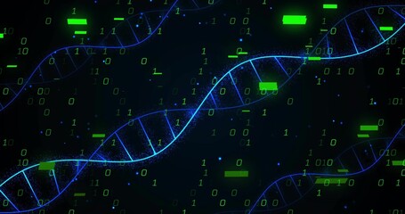 Wall Mural - Drifting neon-blue DNA helix strands flowing in cyberspace, with green binary digits and blocks