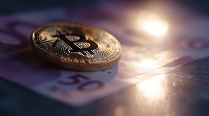 Wall Mural - Shiny Bitcoin reflecting light over Euro money, premium visual for digital finance and economy.