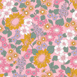 © Creativezone - Retro 70s floral seamless pattern. Groovy flower power background with sunflowers and daisies on a pink backdrop. Vintage botanical illustration for fabric, wallpaper, or textile design.