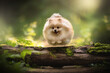 © honey_paws - A small, fluffy Pomeranian is jumping over a moss-covered log in a green Forest. The dog is looking happy with a cute expression during a sunny day