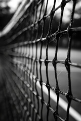 black and white close-up of a tennis net with shallow depth of field, focusing on texture and symmet