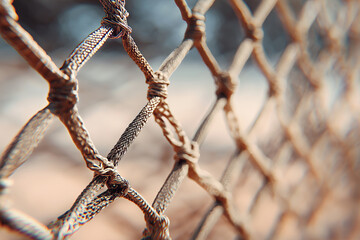 Close-up of a tennis net with detailed texture and soft blurred background in warm sunlight.