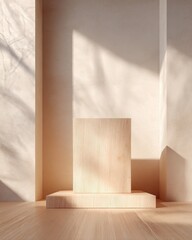 Wall Mural - Minimalist Podium Made of Light Natural Pine in Empty Space
