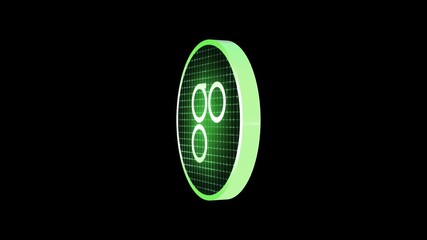 A digital holographic style 3D spinning cryptocurrency coin revealing the shape of the icon in glowing lines and with pulsing digital grid details. With alpha for easy overlay and drag and drop.
