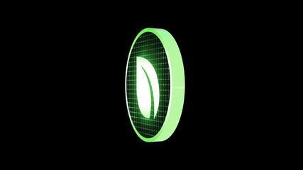A digital holographic style 3D spinning cryptocurrency coin revealing the shape of the icon in glowing lines and with pulsing digital grid details. With alpha for easy overlay and drag and drop.
