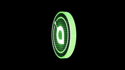 A digital holographic style 3D spinning cryptocurrency coin revealing the shape of the icon in glowing lines and with pulsing digital grid details. With alpha for easy overlay and drag and drop.
