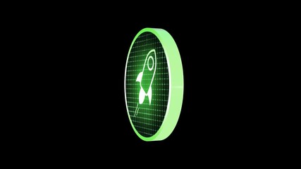 A digital holographic style 3D spinning cryptocurrency coin revealing the shape of the icon in glowing lines and with pulsing digital grid details. With alpha for easy overlay and drag and drop.
