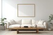 © Mahmudul - White sofa wooden table blank frame plants living room