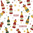 © Music_A - Elegant pattern featuring a wine bottle tied with a bow, showcasing Champagne, Brut, and sparkling wines—perfect for festive drinks and holiday celebrations