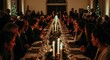 © NN AI - Formal corporate Christmas dinner with guests at long candlelit table. Elegant holiday gala and festive banquet celebration