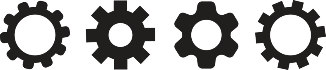 Gear setting flat icons set. Mechanical engineering and industrial tool symbols, system process control and machinery vectors and technology cogwheel silhouette isolated on transparent background.