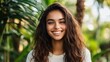 © aulaiphon - Joyful young woman smiling in lush green garden portrait photography natural light outdoor setting vibrant emotion