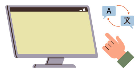 Blank monitor, hand pointing, language bubbles with arrows. Ideal for translation, technology, communication, learning, globalization, UI design simple flat metaphor