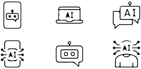 AI Chatbot Icons, Artificial Intelligence Communication Symbols Vector Set Featuring Mobile Devices Laptop Speech Bubbles and Digital Human Interaction Concept

