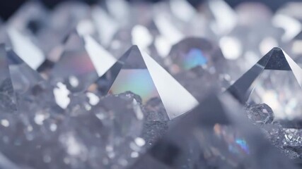 Sticker - close-up slow pan across an array of reflective geometric crystal formations with shallow depth of f
