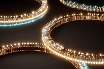 Wall Mural - Bright, glowing rings made of metallic tubes and lights arranged in a circular pattern on a dark background