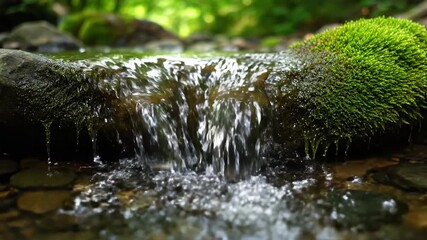 Wall Mural - Crystal clear forest stream water slowly cascades over mossy rocks, creating intricate bubbly patterns current, creek, river