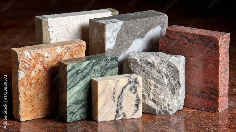 Collections of stone samples in different shapes and colors highlight ...