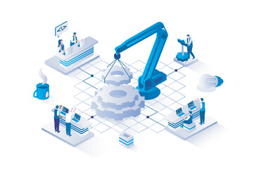 Wall Mural - Developers team 3d isometric concept with isometry people design for web. People developing programs and applications, constructing interfaces and launching software products. Vector illustration.