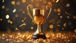 © Vadym - Golden trophy cup stands on stage with confetti falling. Award victory winning, achievement. Festive design for congratulations celebration success, triumph. Winning concept sports gaming competition